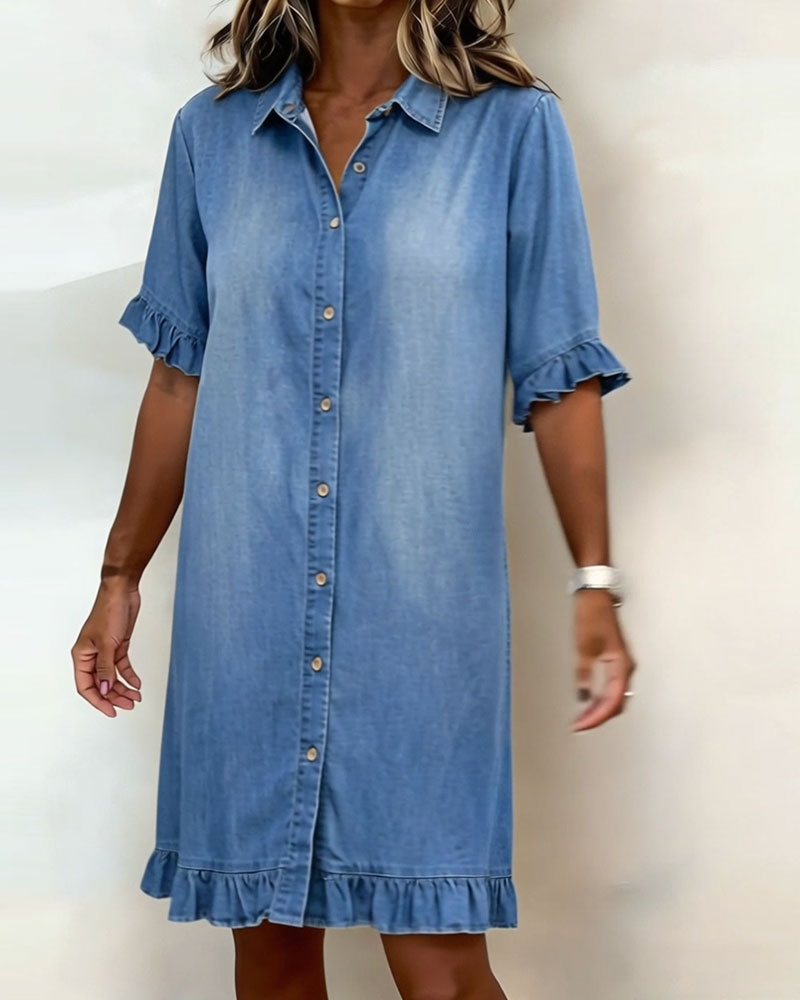 Elara™ Denim Jurk met Elegante Tailleplooien