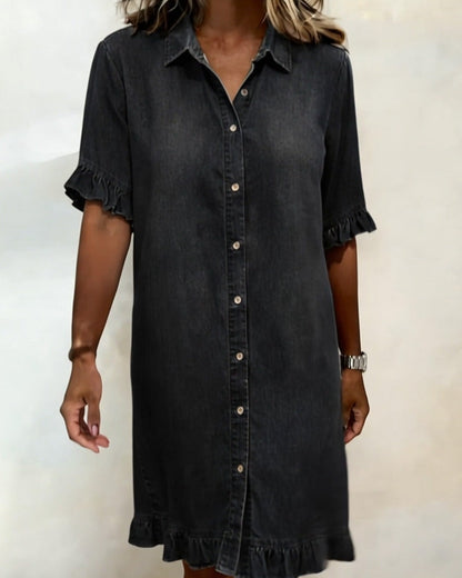 Elara™ Denim Jurk met Elegante Tailleplooien