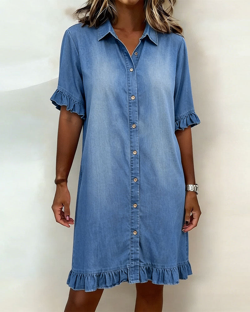 Elara™ Denim Jurk met Elegante Tailleplooien
