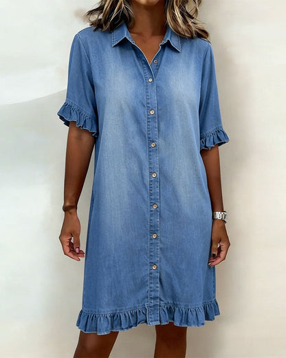 Elara™ Denim Jurk met Elegante Tailleplooien