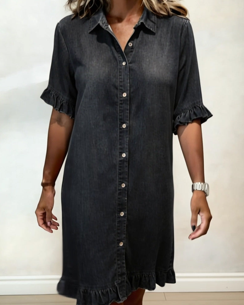 Elara™ Denim Jurk met Elegante Tailleplooien