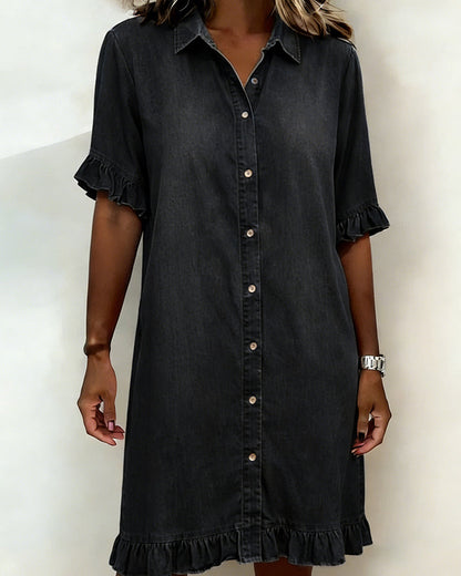 Elara™ Denim Jurk met Elegante Tailleplooien
