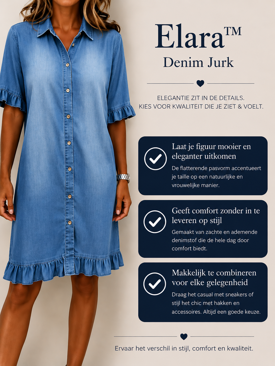 Elara™ Denim Jurk met Elegante Tailleplooien