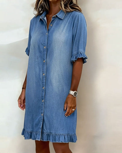 Elara™ Denim Jurk met Elegante Tailleplooien